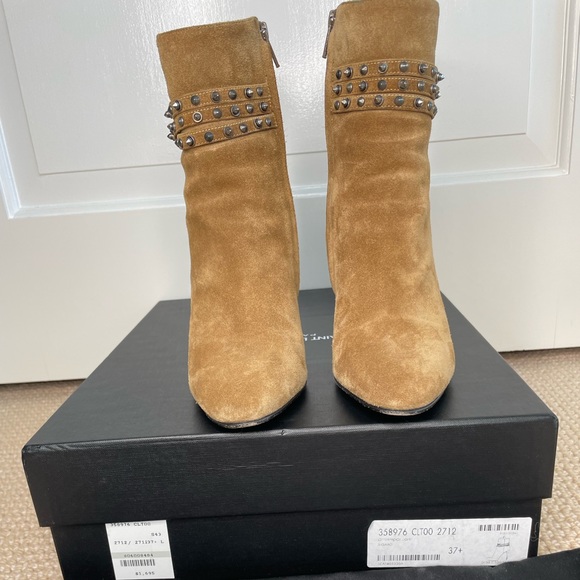 Authentic Saint Laurent Women Tan Suede Ankle Boot with silver spikes size:37.5 - Picture 10 of 12